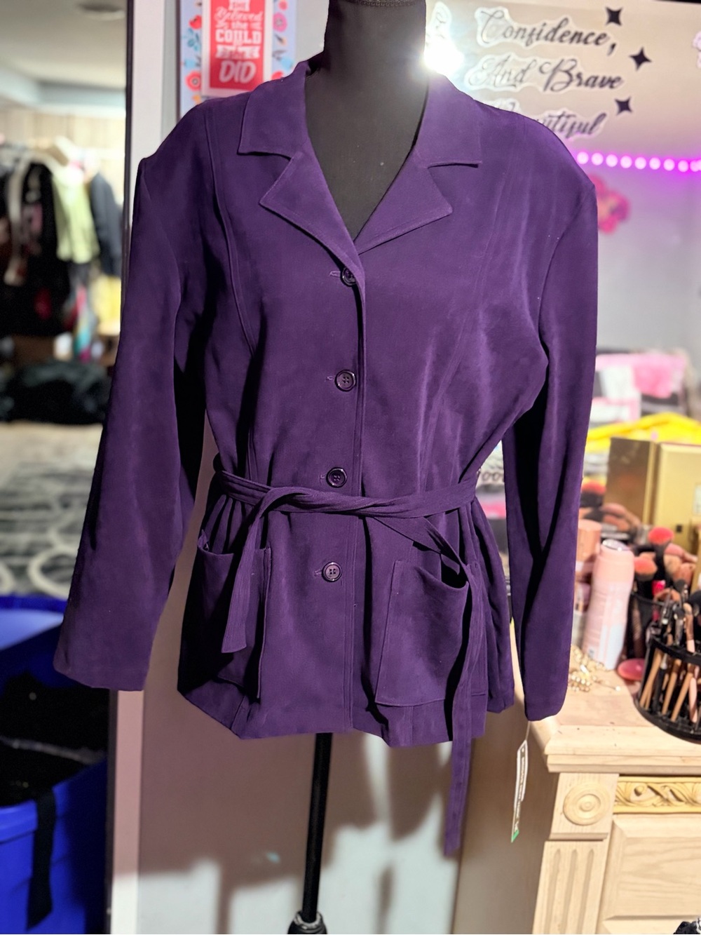 NWT Vintage Briggs New York Plumberry Purple Faux Suede Belted Utility Jacket-PL